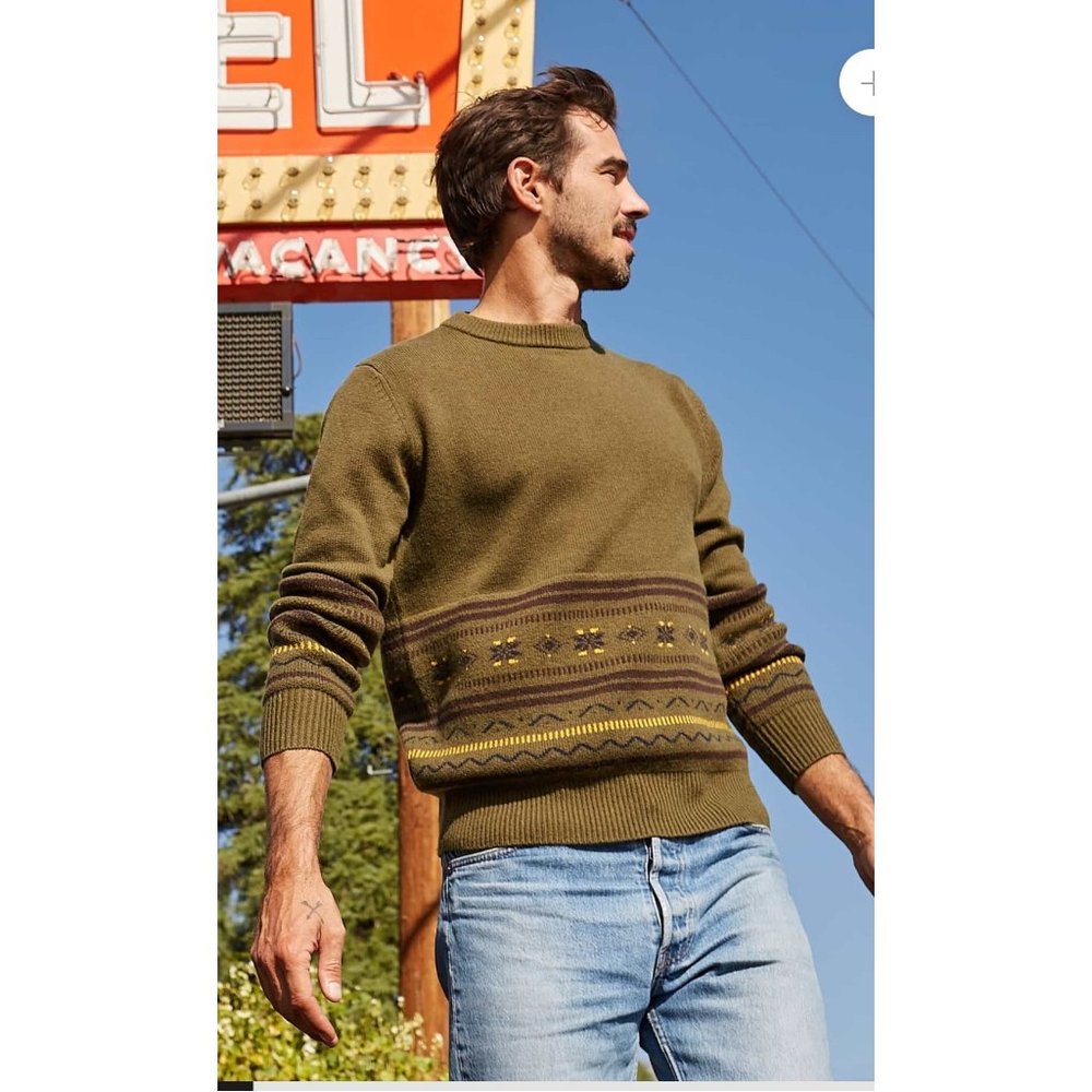 Toad&Co Mens Epique Crew Sweater Fir Olive Green Wool Blend Fair Isle NWT